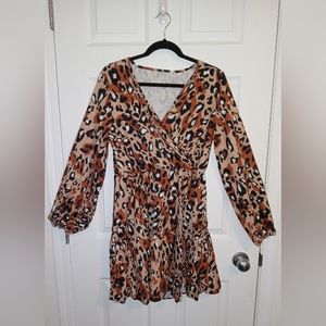 Leopard Print Surplice Neck Bishop Sleeve Ruffle Hem Dress